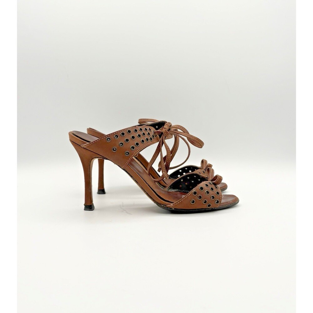 Manolo Blahnik Brown Leather Lace Up Mules Grommet Accents Vintage Sz EU 36
